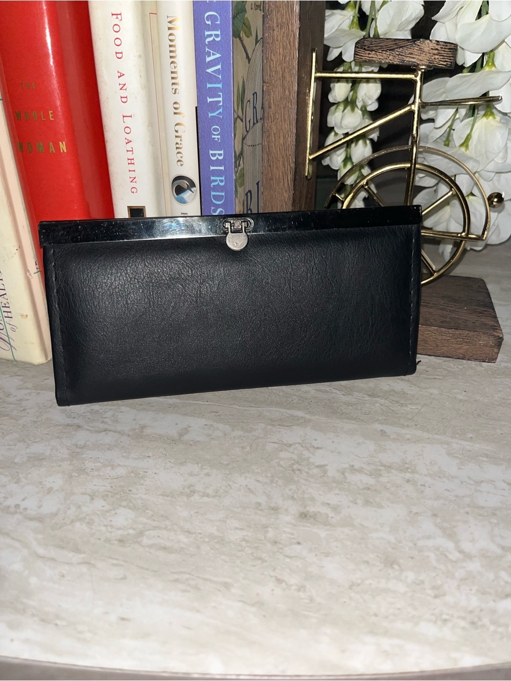 Elegant Black Leather Wallet Clutch with Metal Frame